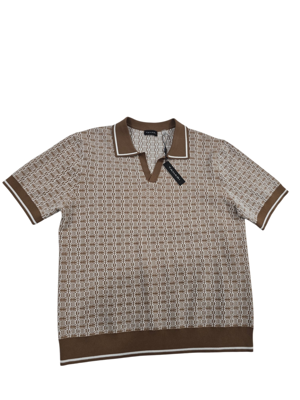 Tahari Men's Brown and Cream Patterned Knit Polo T-Shirt Size XL